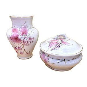 Wheeling Pottery Vase & Covered Dish Set Hand-Painted Floral Porcelain JJ3678